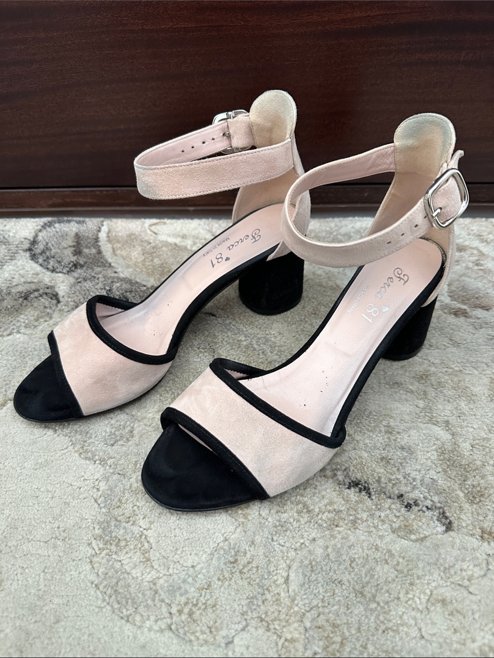 Ankle Strap Block Heel Sandals in Blush and Black